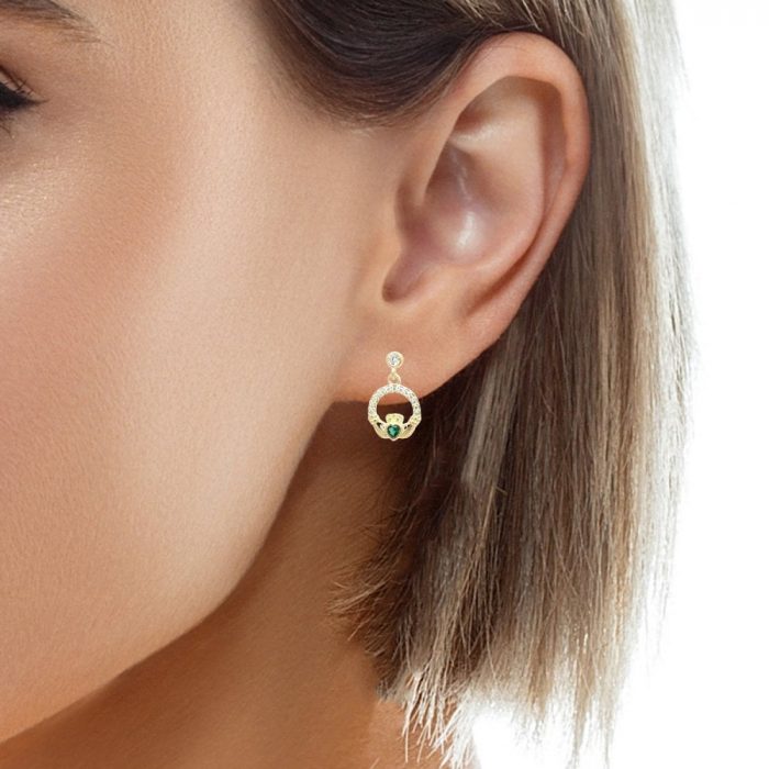 Faith Yellow Gold Sterling Silver
CZ Claddagh with Green CZ Centre Necklace & Drop Earrings Set 0.9 x 1.4cm, 1.2 x 1.2cm, 16-18"
