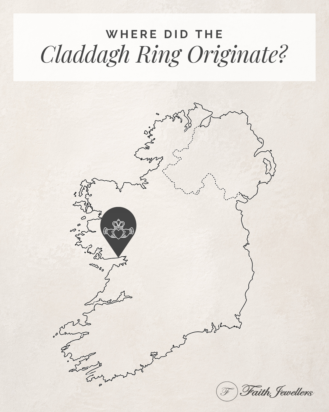 Where did the Claddagh ring originate? A map of Ireland pinpointing where the Claddagh ring originated.