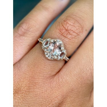 9ct Canadian Rose Gold 3 Stone Oval Morganite with Single Halo Diamond Ring