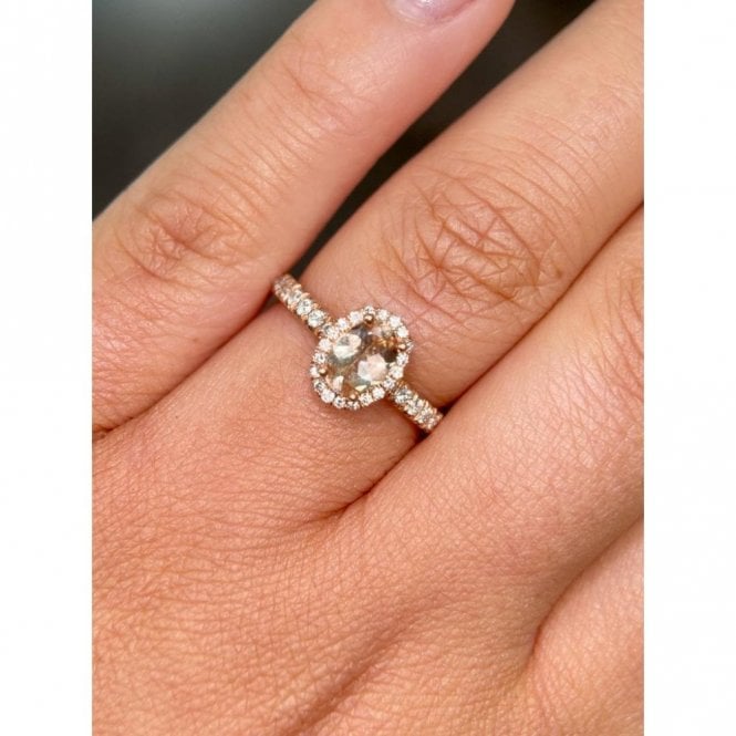 Faith Diamonds 9ct Canadian Rose Gold Oval Cut Centre Morganite with Single Diamond Halo Ring
