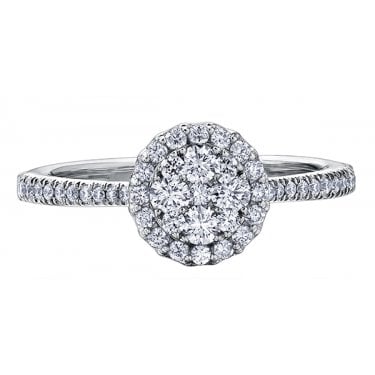 9ct Canadian White Gold 1.00ct Total Solitaire Illusion Halo with Diamond Shoulders Ring