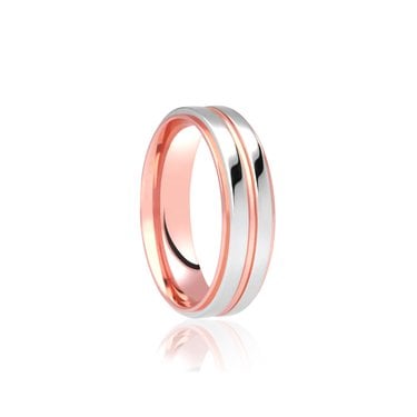 9ct Rose Gold Base, Edge & Raised Centre Link with Brushed Argentium Finish Flat Court 6mm Wedding Ring  (All Sizes Available To Order)