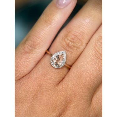 9ct Rose Gold Pear Morganite & Diamond Halo Ring