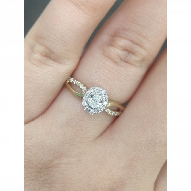 Faith Diamonds 9ct Yellow Gold 0.30ct Total Oval Cut Solitaire with Single Halo & Split Diamond Shoulders Ring