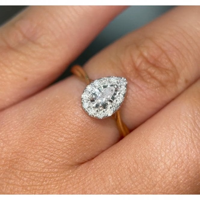 Faith Diamonds 9ct Yellow Gold 0.30ct Total Pear Cut Solitaire with Single Diamond Halo & Twist Shoulders Ring