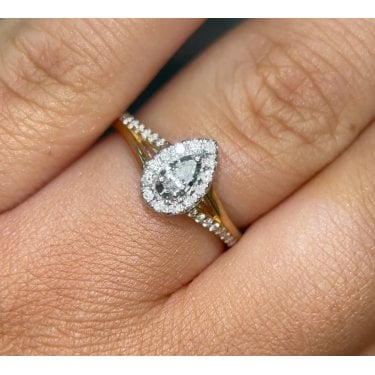 9ct Yellow Gold 0.30ct Total Pear Cut Solitaire with Single Halo & Split Diamond Shoulders Ring
