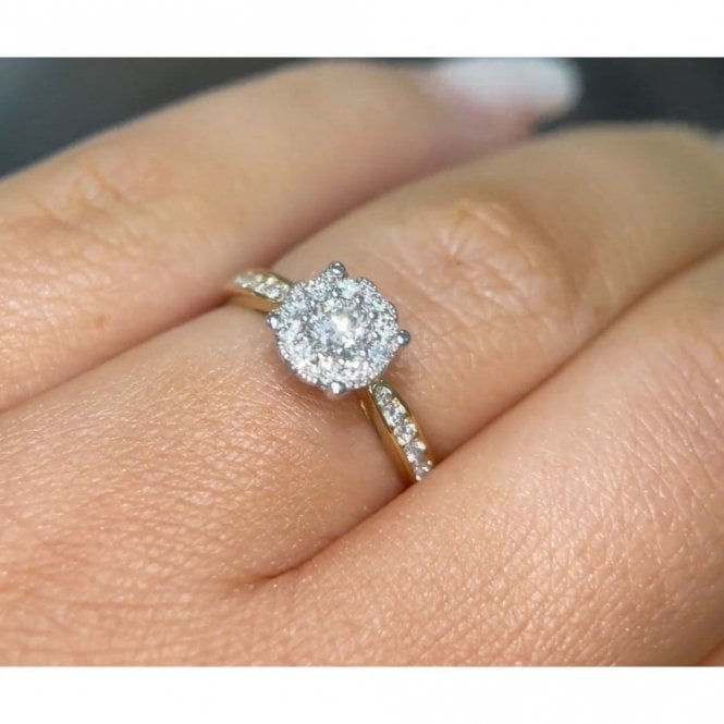 Faith Diamonds 9ct Yellow Gold 0.50ct Total Round Brilliant Solitaire with Single Halo & Diamond Shoulders Ring