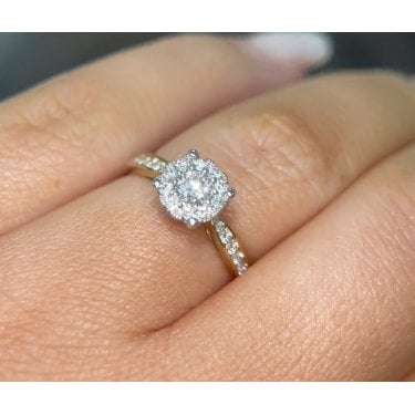 9ct Yellow Gold 0.50ct Total Round Brilliant Solitaire with Single Halo & Diamond Shoulders Ring