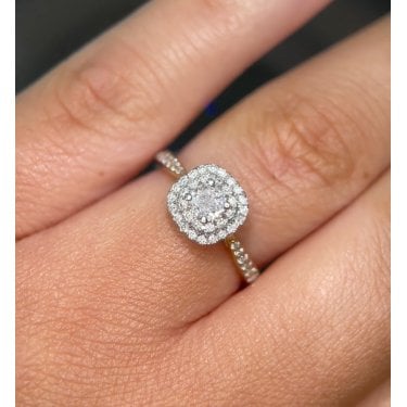 9ct Yellow Gold 0.66ct Cushion Cut Solitaire with Double Halo & Diamond Shoulders Ring