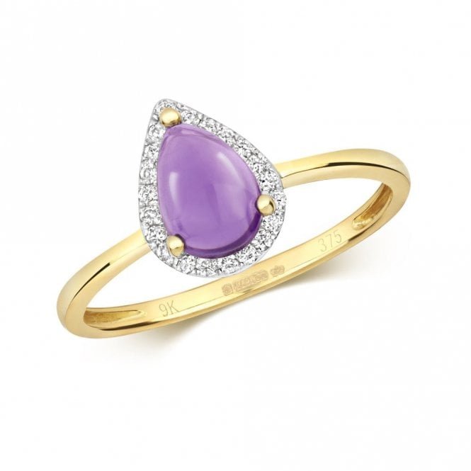 Faith Diamonds 9ct Yellow Gold 0.73ct Amethyst Pear with 0.09ct Diamond Halo Ring Size M 