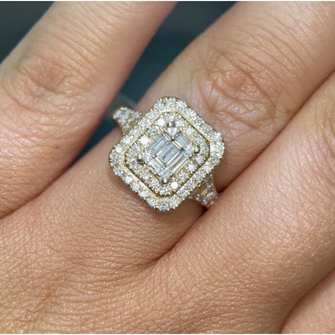 Faith Diamonds 9ct Yellow Gold 1.00ct Baquette Halo Diamond Ring