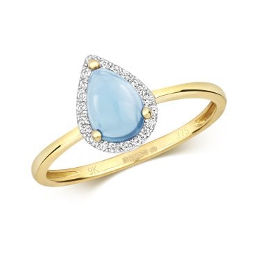 9ct Yellow Gold 1.00ct Blue Topaz Pear with 0.09ct Diamond Halo Ring Size L (Other Sizes Available to Order)
