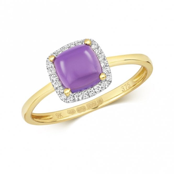 Faith Diamonds 9ct Yellow Gold 1.09ct Amethyst Tapered Square with 0.11ct Diamond Halo Ring Size N (Other Sizes Available to Order)
