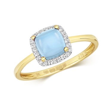 9ct Yellow Gold 1.52ct Blue Topaz Tapered Square with 0.11ct Diamond Halo Ring