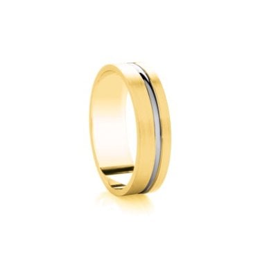 9ct Yellow Gold Base Brushed Finish with Argentium Polished Off-Set Raised Line Flat Court 5mm Wedding Ring  (All Sizes Available To Order)