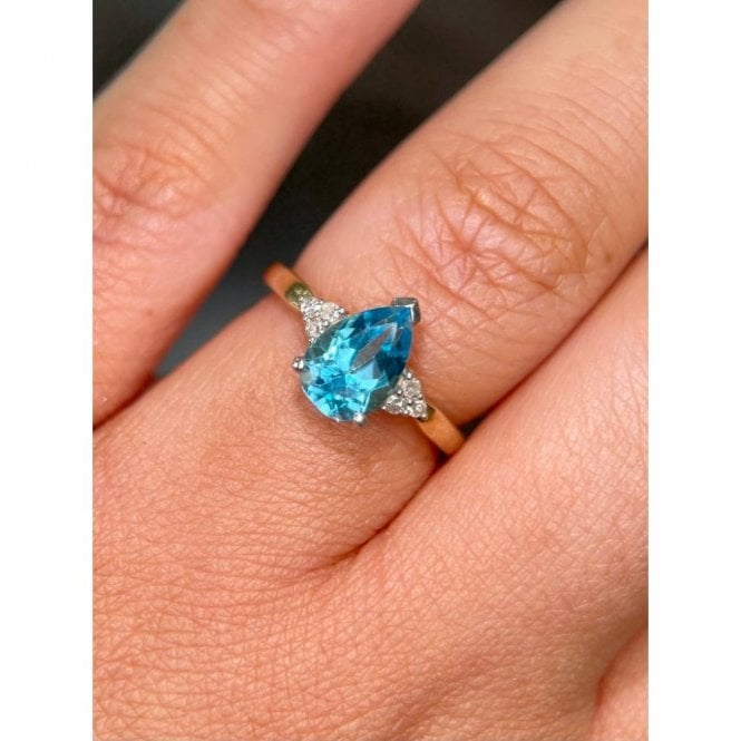 Faith Diamonds 9ct Yellow Gold Blue Topaz Pear with Diamond Shoulders Ring