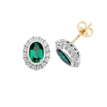 9ct Yellow Gold Created Emerald & White Sapphire Oval Earrings