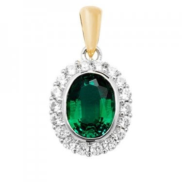 9ct Yellow Gold Created Emerald & White Sapphire Oval Necklace 16inch