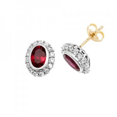 9ct Yellow Gold Created Ruby & White Sapphire Oval Earrings