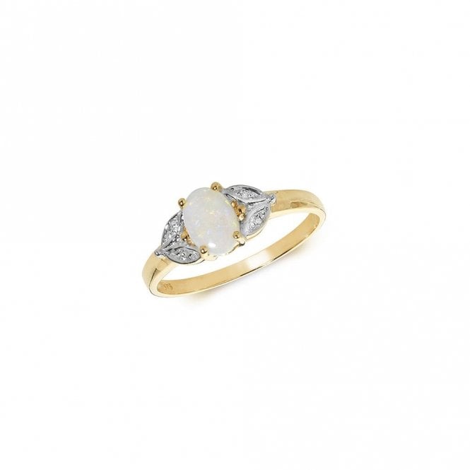 Faith Diamonds 9ct Yellow Gold Oval 0.41ct Opal with Marquise Shape 0.01ct Diamond Shoulders Ring Size L (Other Sizes Available to Order)
