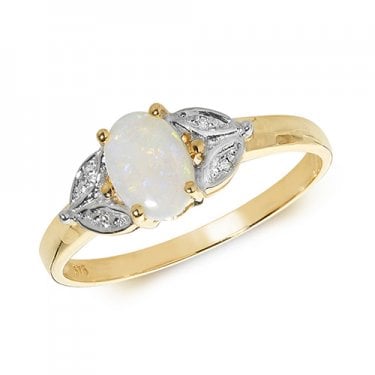 9ct Yellow Gold Oval 0.41ct Opal with Marquise Shape 0.01ct Diamond Shoulders Ring Size L (Other Sizes Available to Order)