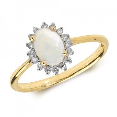 9ct Yellow Gold Oval 0.44ct Opal with 0.14ct Diamond Halo Ring