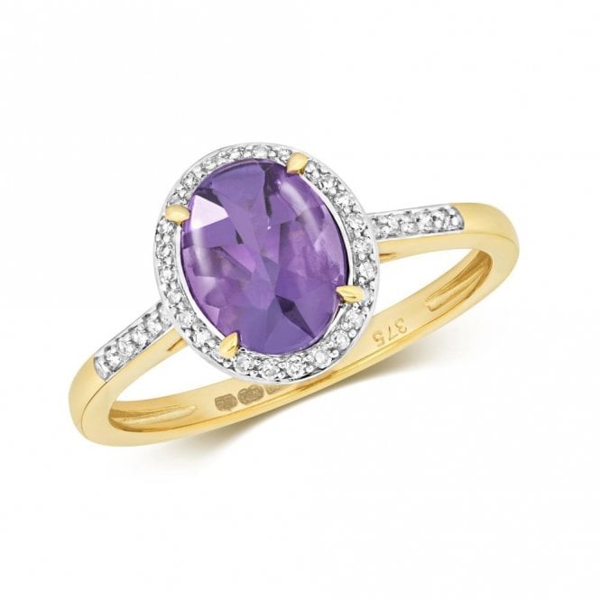 Faith Diamonds 9ct Yellow Gold Oval Amethyst 1.36ct & Diamond 0.12ct Halo Ring Size N (Other Sizes Available to Order)