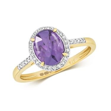9ct Yellow Gold Oval Amethyst 1.36ct & Diamond 0.12ct Halo Ring Size N (Other Sizes Available to Order)