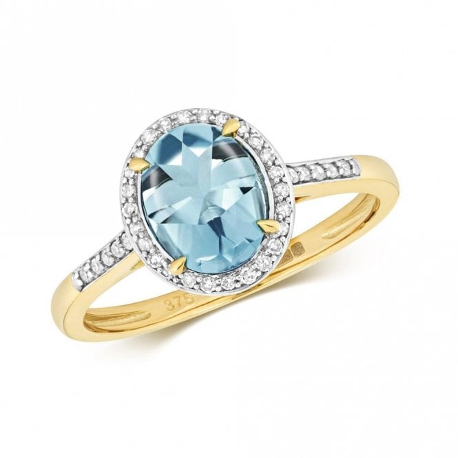 Faith Diamonds 9ct Yellow Gold Oval Blue Topaz 1.38ct &  Diamond 0.12ct Ring Size M (Other Sizes Available to Order)