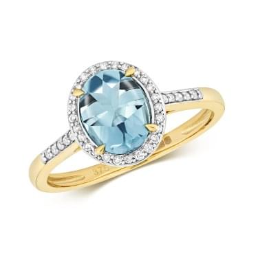 9ct Yellow Gold Oval Blue Topaz 1.38ct & Diamond 0.12ct Ring Size M (Other Sizes Available to Order)