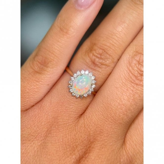 Faith Diamonds 9ct Yellow Gold Oval Opal with Diamond Halo Ring