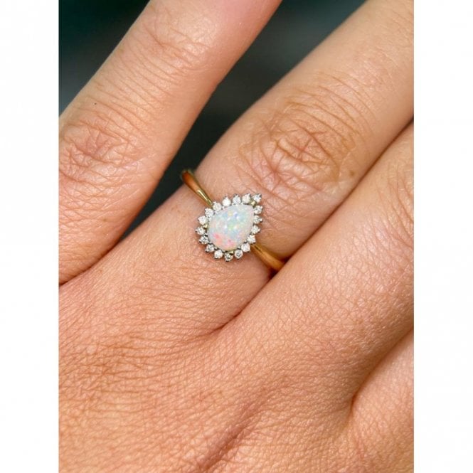 Faith Diamonds 9ct Yellow Gold Pear Cut Opal Diamond Halo Ring