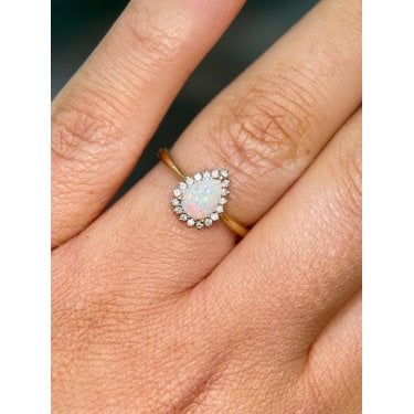 9ct Yellow Gold Pear Cut Opal Diamond Halo Ring