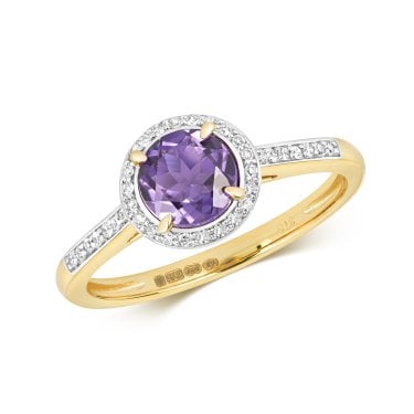 9ct Yellow Gold Round 0.80ct Amethyst with 0.12ct Diamond Halo Ring Size N (Other Sizes Available to Order)