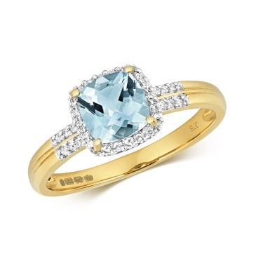 9ct Yellow Gold Tapered Square 1.09ct Blue Topaz with 0.10ct Double Diamond Shoulders Ring Size M (Other Sizes Available to Order)