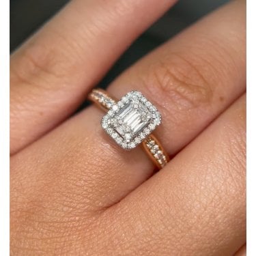 Angel Classic 9ct Rose Gold 0.40ct Baguette & Round Brilliant Centre with Halo Diamond Ring