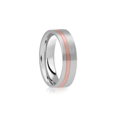 Argentium Base Brushed Finish with 9ct Rose Gold Offset Line Flat 6mm Wedding Ring  (All Sizes Available To Order)