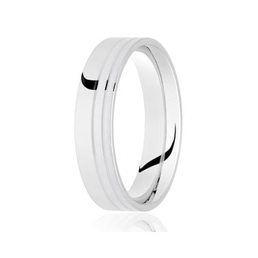 Argentium Brushed Finish with Polished Double Row Off-Set Lines Flat Court 5mm Wedding Ring   (All Sizes Available To Order)
