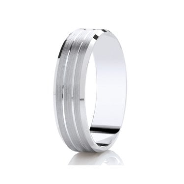 Argentium Satin Finish Tramlines & Angled Bevelled Edge Flat Court 6mm Wedding Ring  (All Sizes Available To Order)