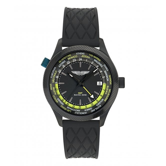 Aston Martin  GMT Black Dial Black Silicone Strap Watch 