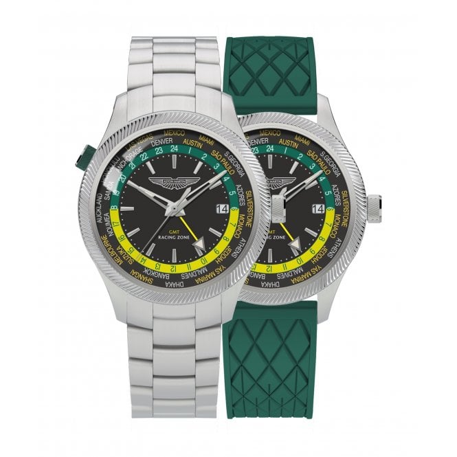 Aston Martin  GMT Black Dial Stainless Steel Interchangable Silicone Strap Watch
