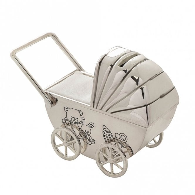 Bambino  Pram With Moving Wheels Silver Plated Money Box 10cm x 14.5cm x 7cm