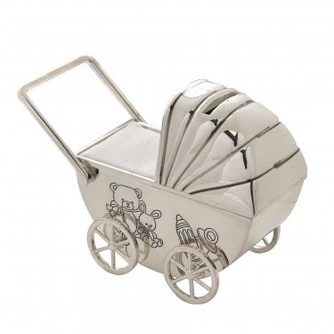 Bambino Pram With Moving Wheels Silver Plated Money Box 10cm x 14.5cm x 7cm
