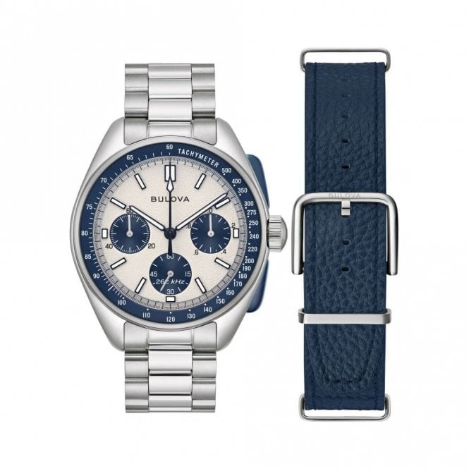Bulova  Gents Lunar Pilot Chronograph Stainless Steel Interchangeable Blue Leather Strap Watch