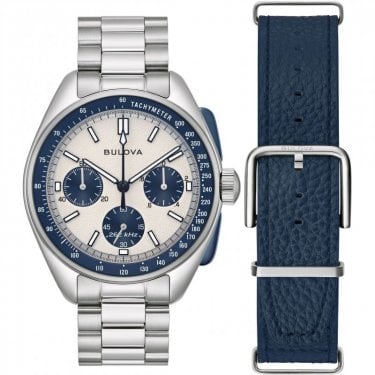 Bulova Gents Lunar Pilot Chronograph Stainless Steel Interchangeable Blue Leather Strap Watch