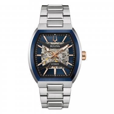 Bulova Gents Maquina Blue Dial Skeleton Stainless Steel Automatic Watch