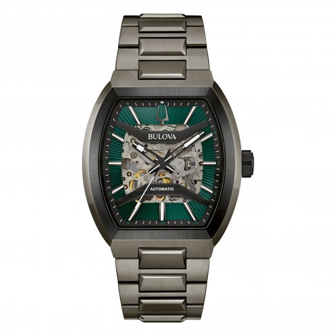 Bulova  Gents Maquina Green Dial Skeleton Gun Metal Stainless Steel Automatic Watch