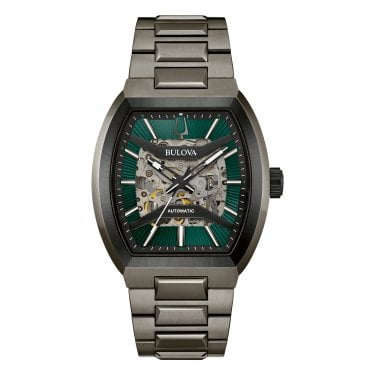 Bulova Gents Maquina Green Dial Skeleton Gun Metal Stainless Steel Automatic Watch