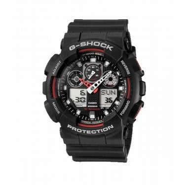 Casio G-Shock Gents Alarm Chronograph Black & Red Resin Strap Watch 