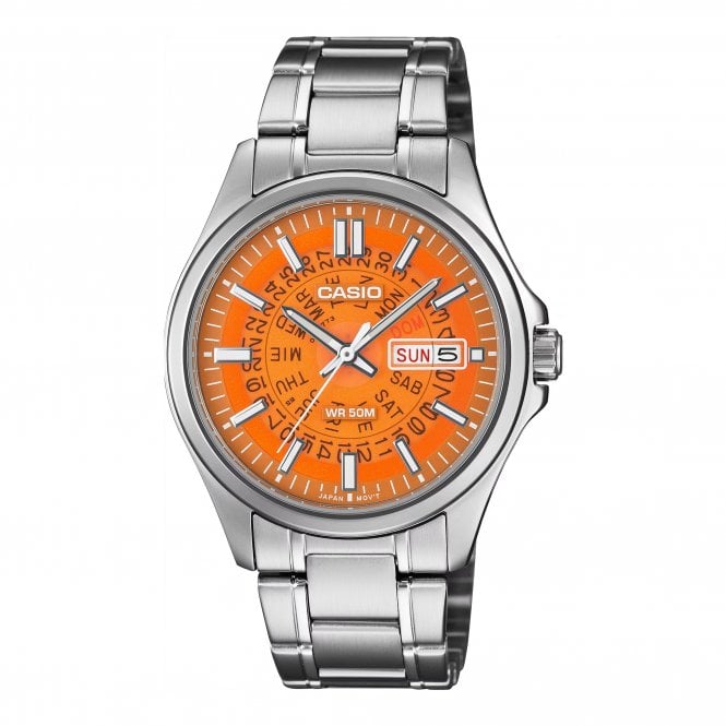 Casio  Gents MTP-E740 Series Orange Dial Stainless Steel Strap Watch